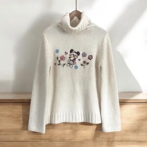 Disney Cream Turtleneck Sweater with Floral Mickey Embroideries